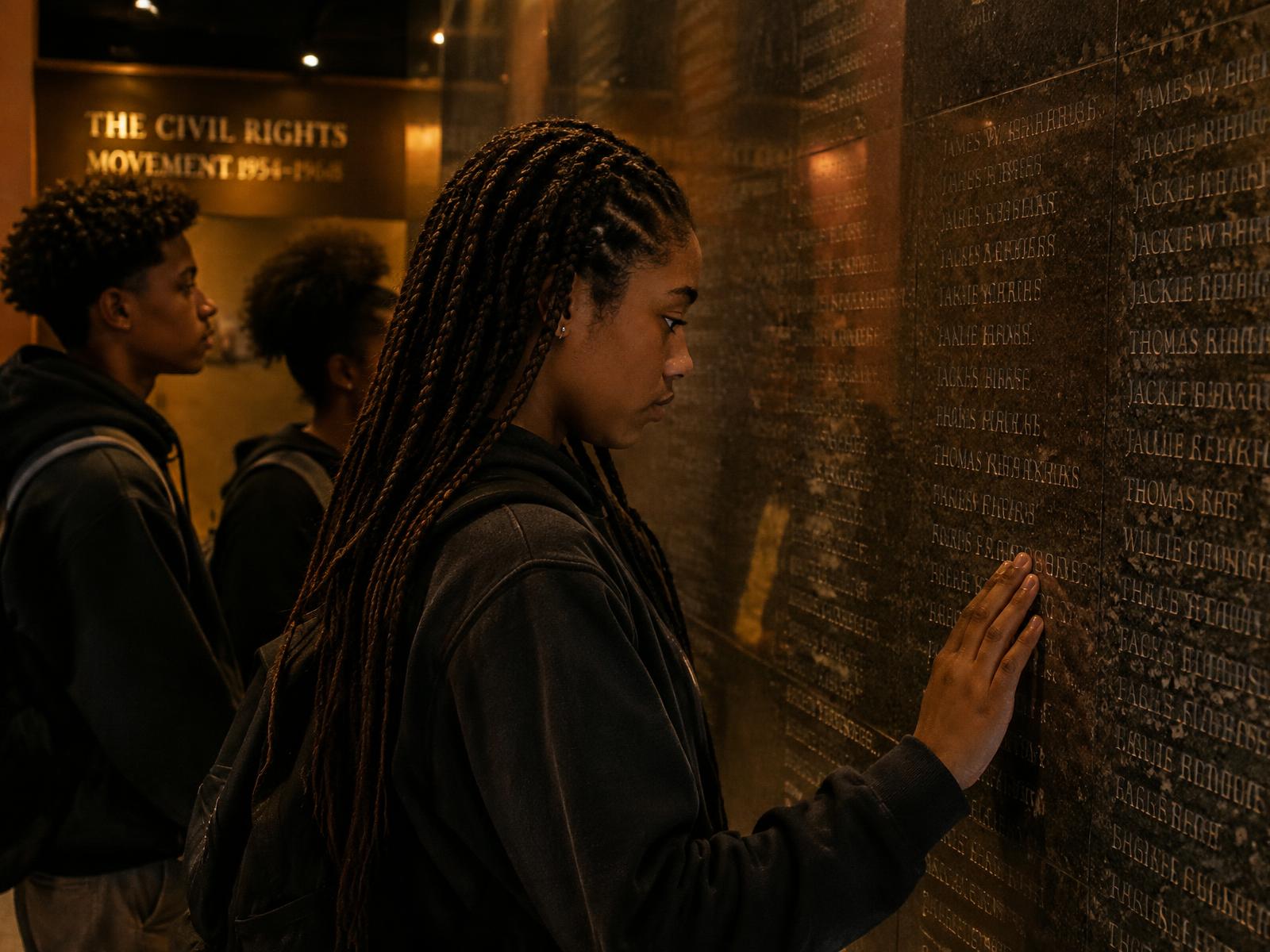 Student touching a memorial wall