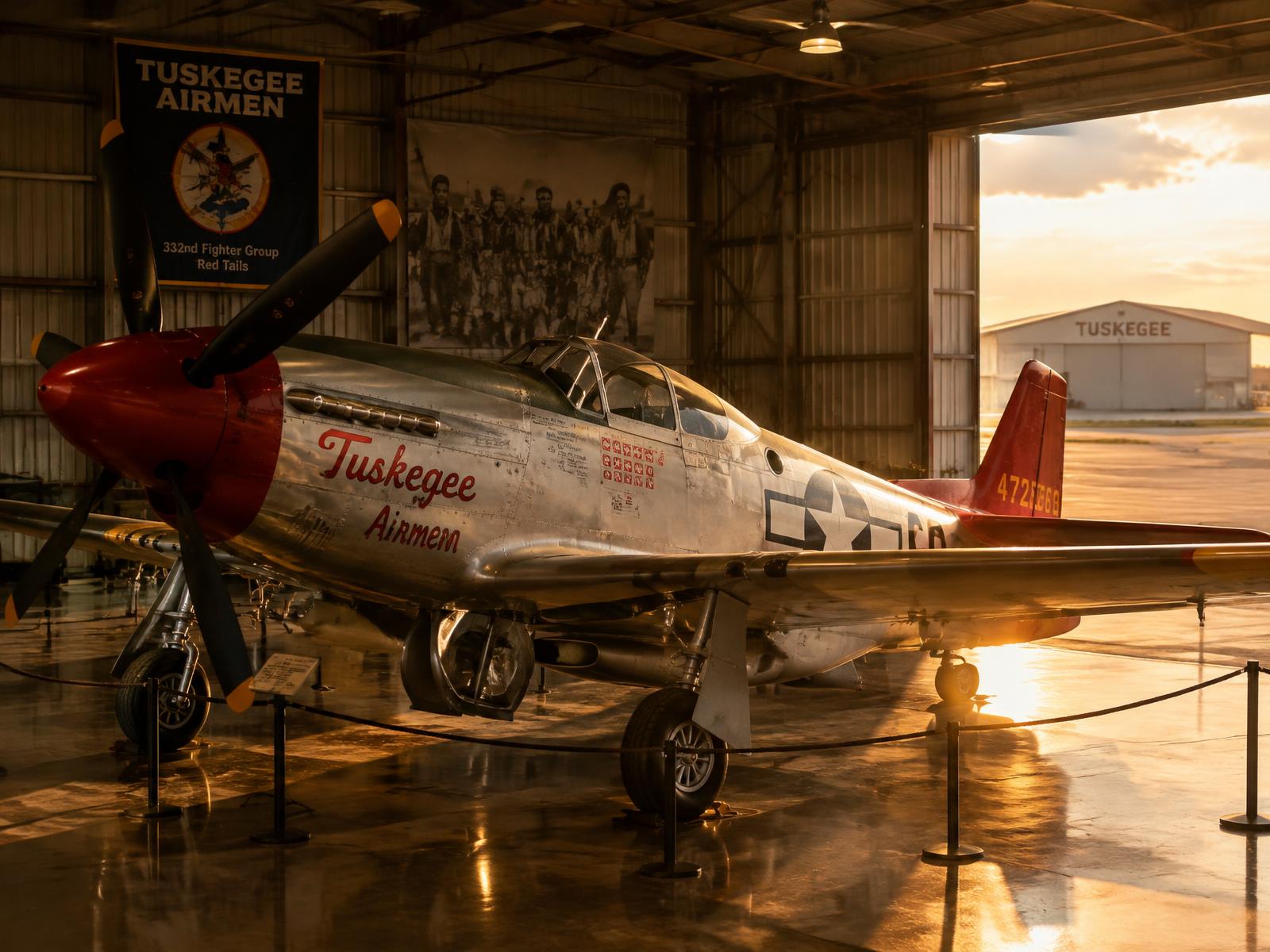 Red-tail P-51 Mustang in a Tuskegee hangar